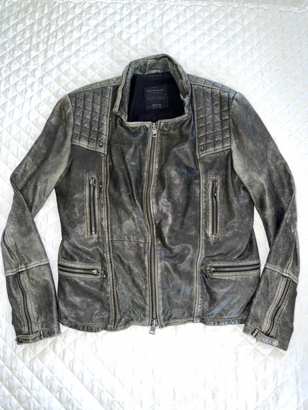 All Saints Spitalfields Men's Gray Quilted Shoulder Leather Jacket